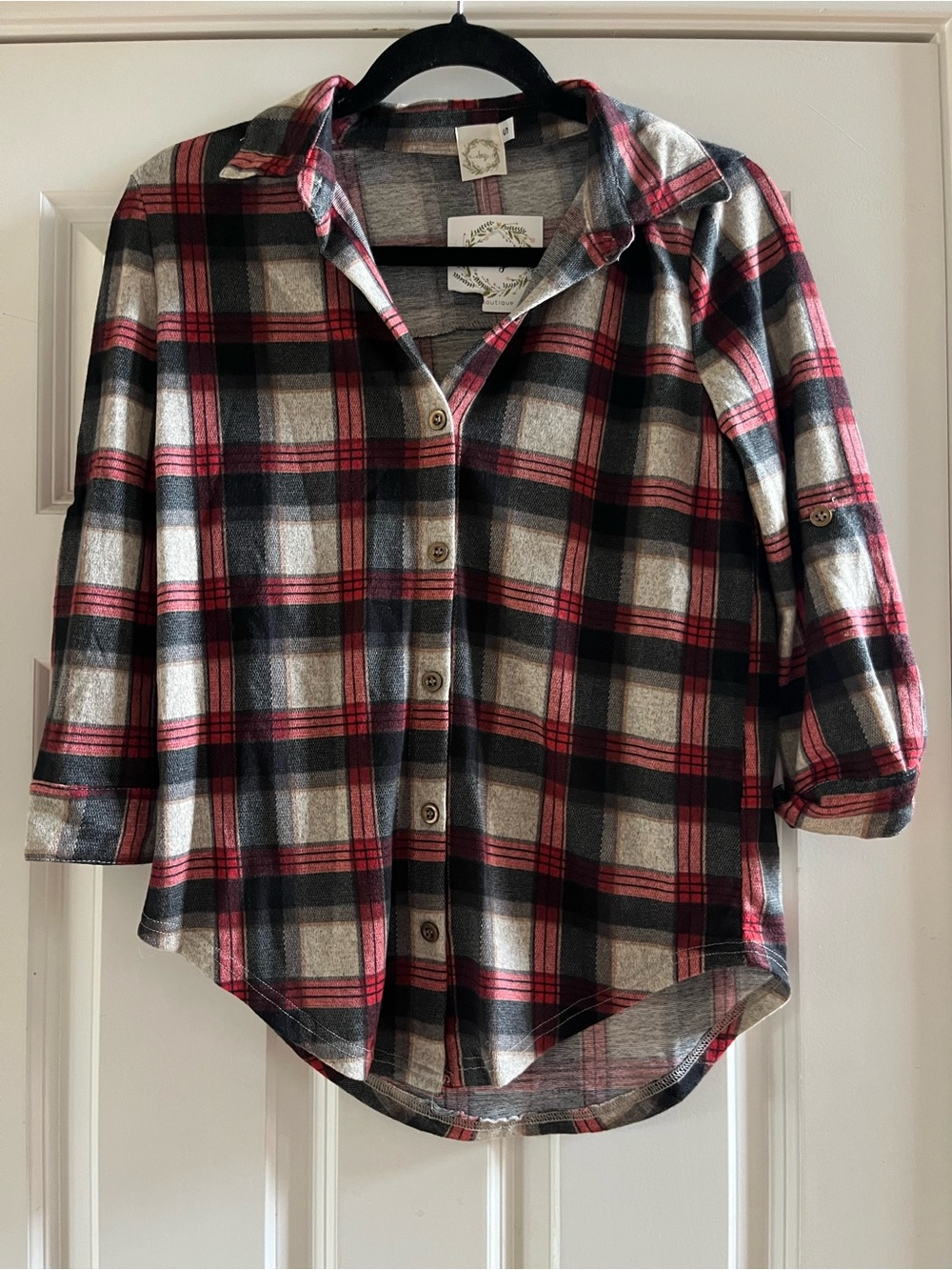 NWT red, black, and beige plaid button-up shirt in a size Small
Super soft!